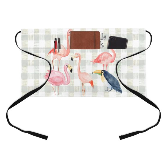 Pink Bird Kitchen Restaurant Half Waist Apron, Flamingos Cute Little Animal Green Plaid Abstract Server Short Apron with 3 Pockets Waterproof Oil Waist Aprons for Women Waitress Waiter