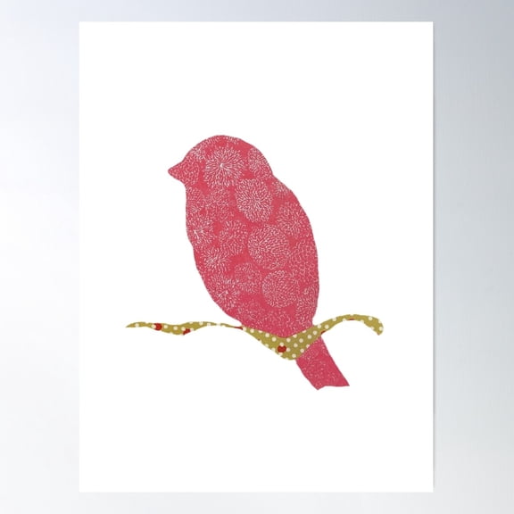 Pink Bird On Green Branch - Silhouette Collection Poster Wall Art, Modern Wall Decor For Living Room Bedroom, 24x36 UNFRAMED