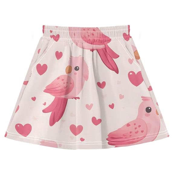 Pink Bird Pattern Cotton Skirt Built-in Liner Elastic A-Line Flared Skirt with Pockets