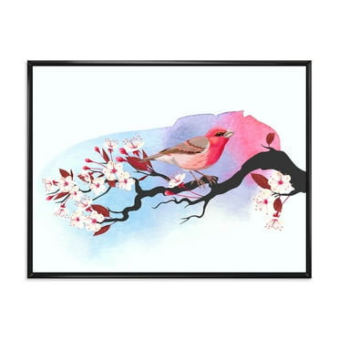 Pink Bird Sitting On Cherry Branch 20 in x 12 in Framed Painting Canvas Art Print, by Designart