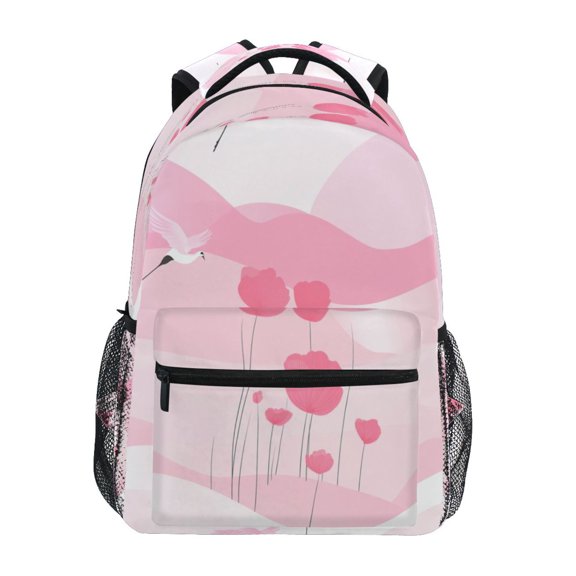 Pink Birds and Flowers Stylish Large Backpack 15L Self-Standing Durable Twill for School, Office and Travel Use