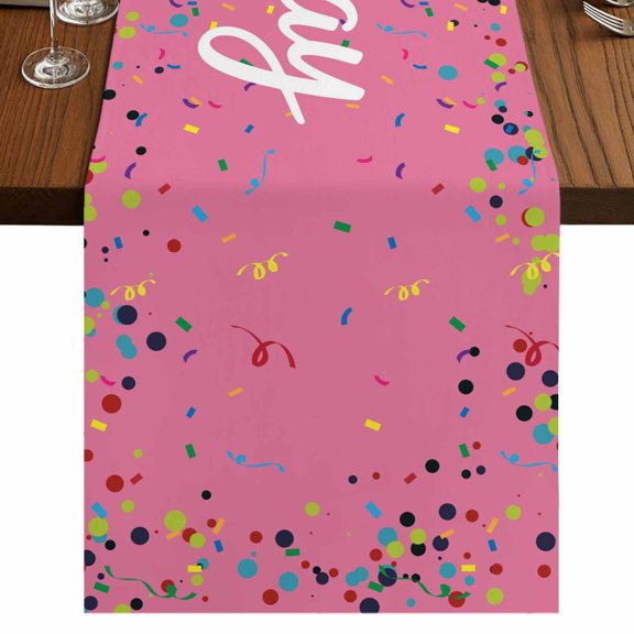 Pink Birthday 60 Inch Table Runner, Colorful Confetti Ribbons Polka Dots Classroom Farmhouse Dresser Scarf Cotton & Linen Tablerunner for Dining/Kitchen Island/Holiday Party Décor 13" x 60"