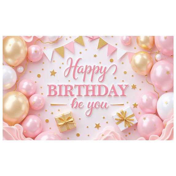 Pink Birthday Banner Decorative Party Background Golden Balloons for Celebration Event Indoor Decoration