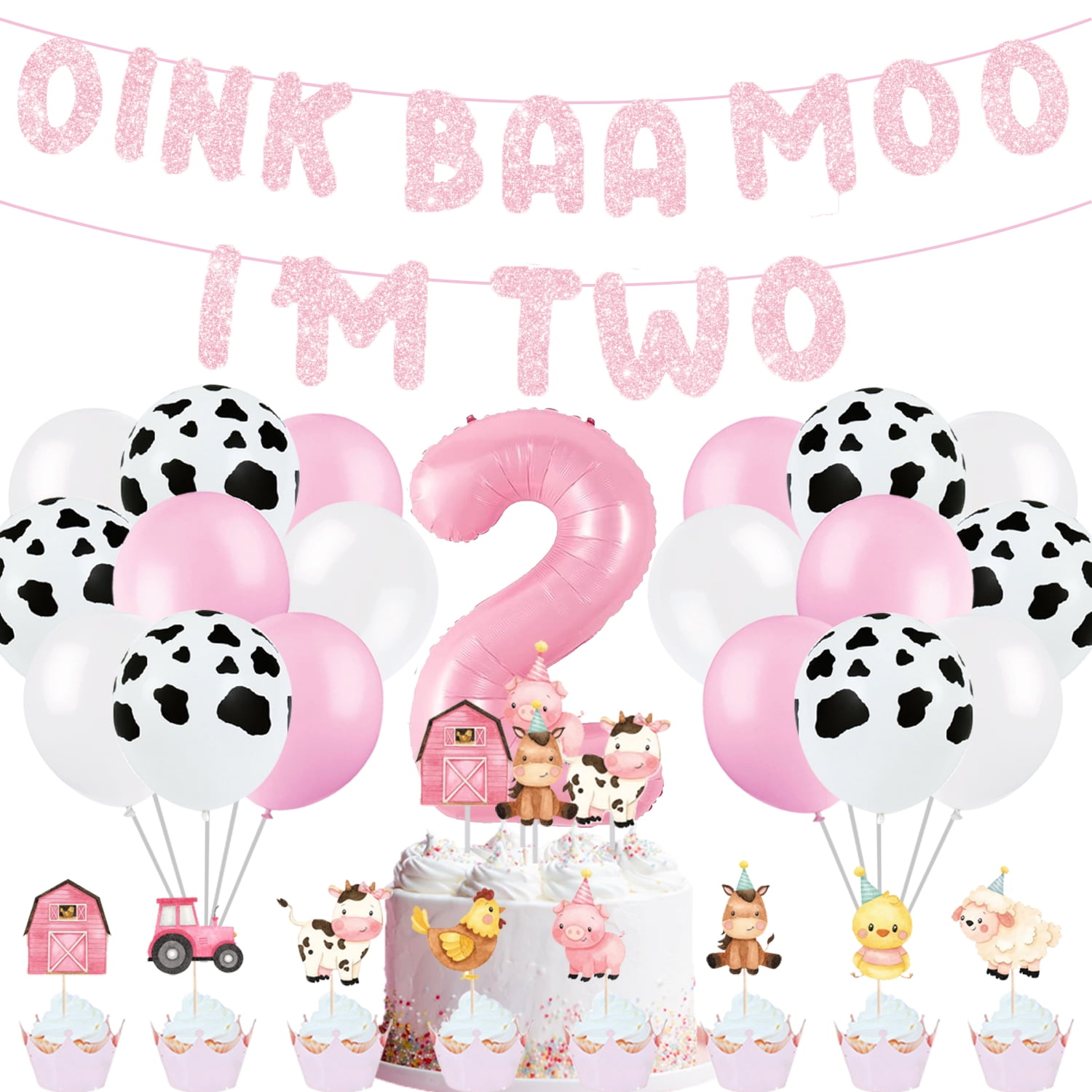  Moo Moo I'm Two Birthday Decoration Cow Theme 2nd Birthday  Banner Cow Two Cake Topper Kids Boy Girl's Happy Second Birthday Party  Supplies Glitter Pink Decor : Toys & Games