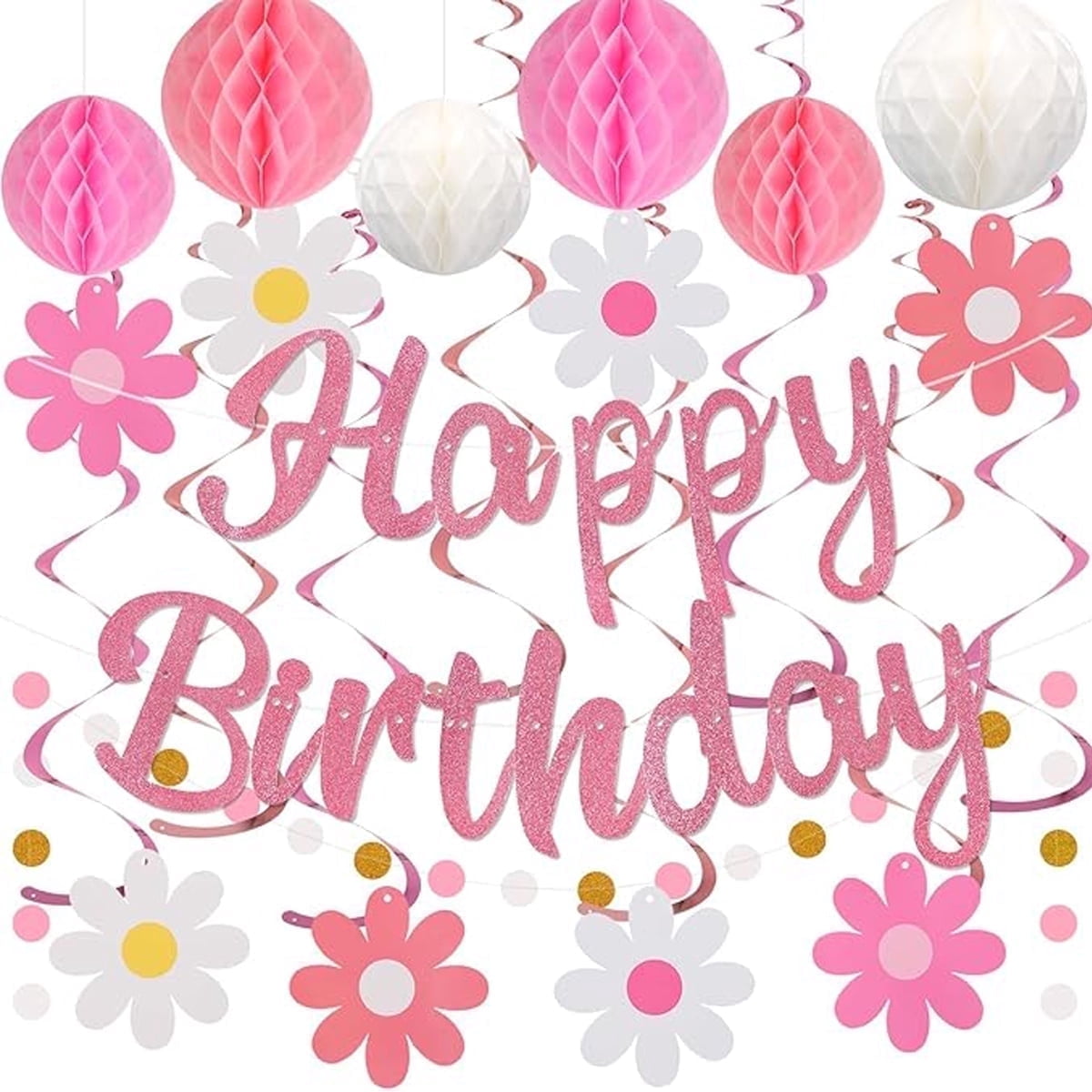Birthday Party Decorations for Women Girls, Pink Happy Birthday Banner ...