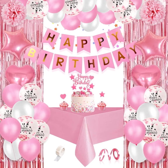 Pink Birthday Decorations for Girls, Balloons Supplies with Happy Banner Curtain Tablecloth Cake Topper Heart Star Foil Girls Party Decoration