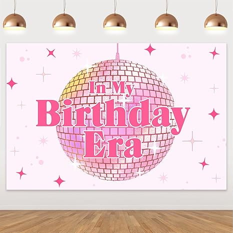 Pink in My Birthday Era Backdrop Disco Ball Birthday Backdrop Happy Bday Party Decorations Retro Stars Disco Ball Backdrop for Girls 16th 18th 21st Taylo Swifte Birthday Party Supplies 5x3ft