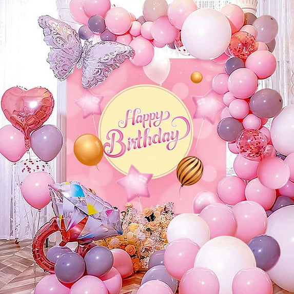 Pink Birthday Party Decoration, Happy Birthday Backdrop, Rose Gold Foil Balloons, Heart Star Foil Confetti Balloons & Butterfly Gold Foil Balloons for Women Girl Birthday Party