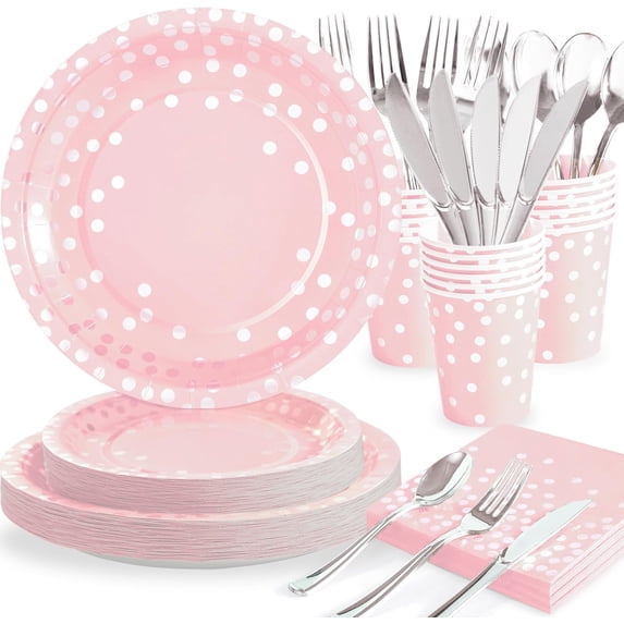 Pink Birthday Plates Baby Shower Party Supplies,168PCS Pink Plates Set with Silver Cutlery for Baby Girl Birthday Party Decorations Serve 24