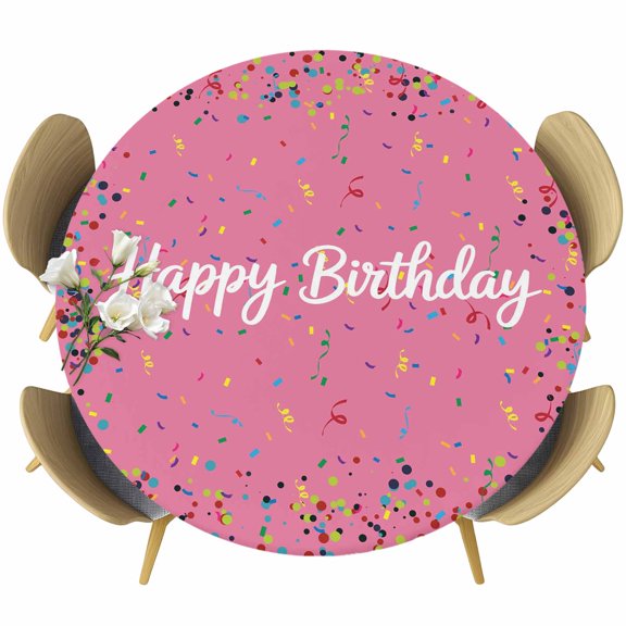 Pink Birthday Round Tablecloth, Fitted Table Cover with Elastic for 36"-44" Round Tables, Colorful Confetti Ribbons Polka Dots Classroom Table Cloth Outdoor Dinning Party Waterproof Tablecloths