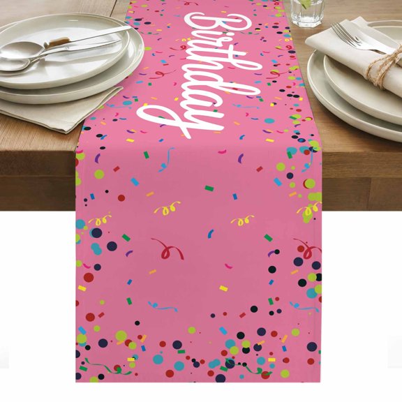 Pink Birthday Table Runner - 36 Inch Long, Kitchen Dining Table Runner Dresser Scarves, Colorful Confetti Ribbons Polka Dots Classroom Farmhouse Decor for Coffee Tables Wedding Party Banquet