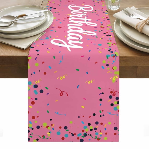 Pink Birthday Table Runner - 60 Inch Long, Kitchen Dining Table Runner Dresser Scarves, Colorful Confetti Ribbons Polka Dots Classroom Farmhouse Decor for Coffee Tables Wedding Party Banquet