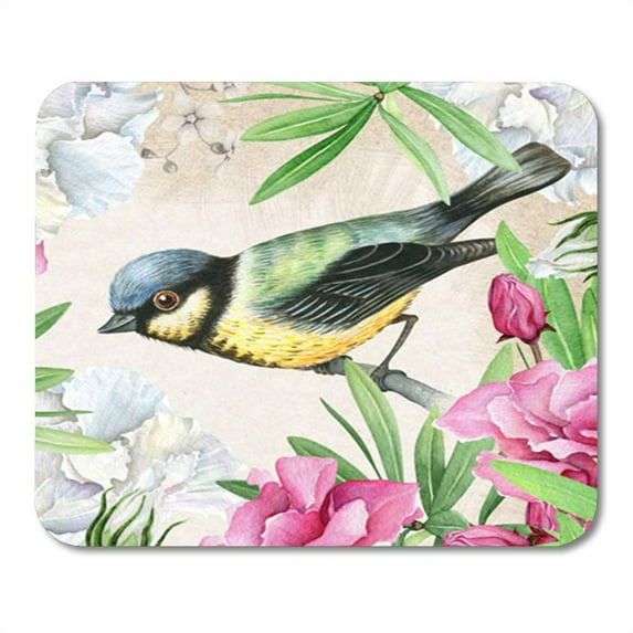 Pink Birthday Watercolor Floral Bird and Oleander Flowers Blooming Blossom Mousepad Mouse Pad Mouse Mat 9x10 inch