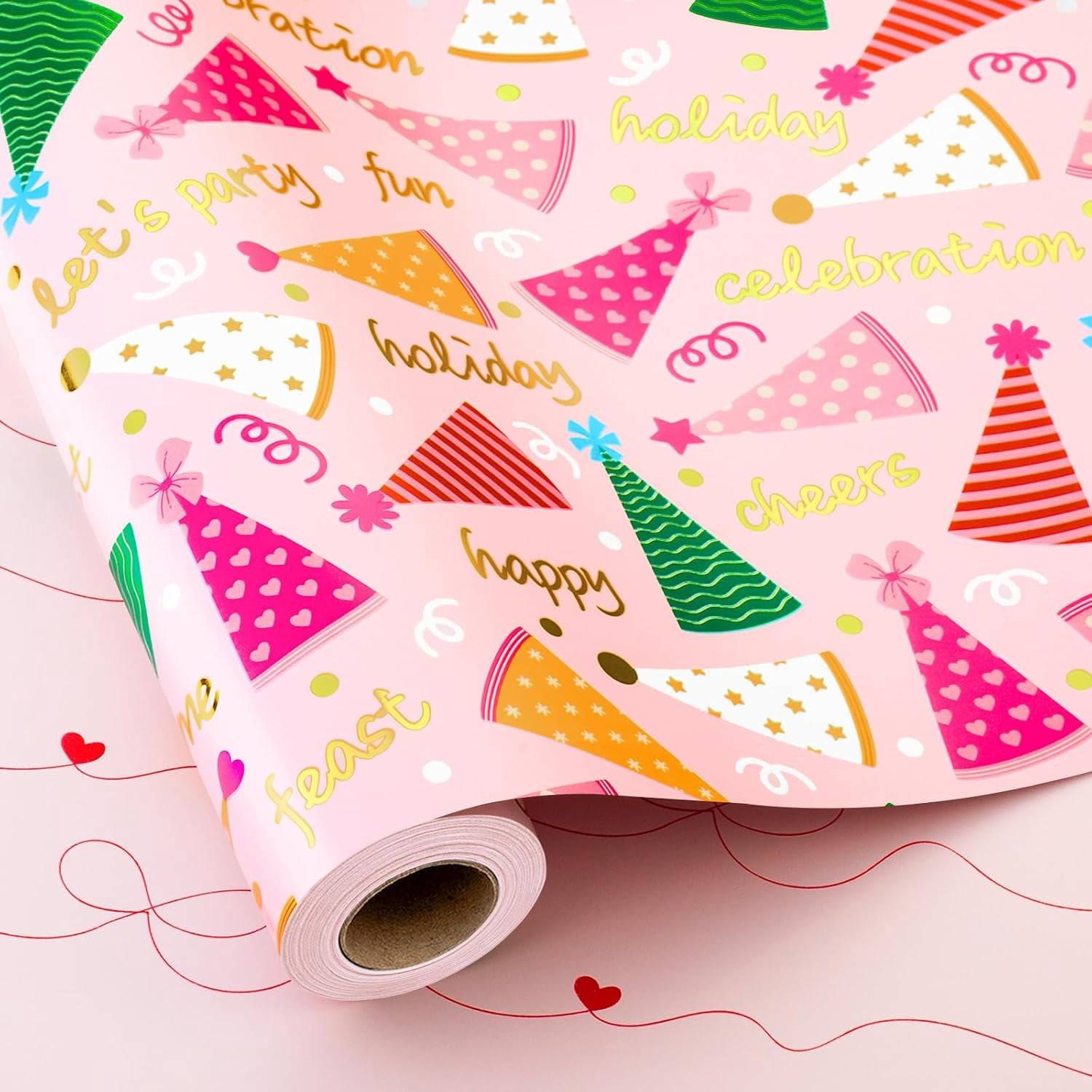 Pink Birthday Wrapping Paper for Girl Women, Metallic Foil Girly