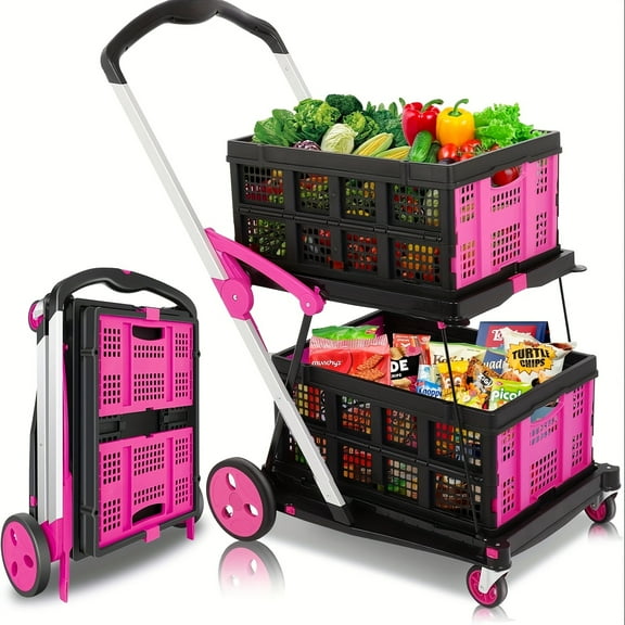 Pink & Black 2-Tier Folding Utility Cart with Wheels, Double-Collapse Aluminum Shopping Trolley for Groceries, Malls & Outdoor Use