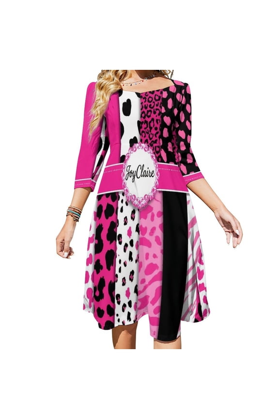 Pink Black Animal Print Papers Sweetheart Knot Flared Dress Fashion Design Large Size Loose Dress Spring Summer Women Dress