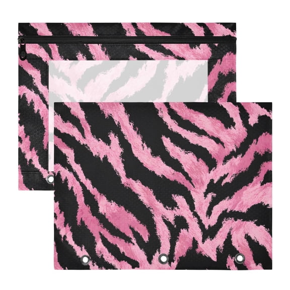 Pink Black Animal Skin Print 3-Ring Binder Pouches A4 Size Zipper Pocket File Storage 2 Packs