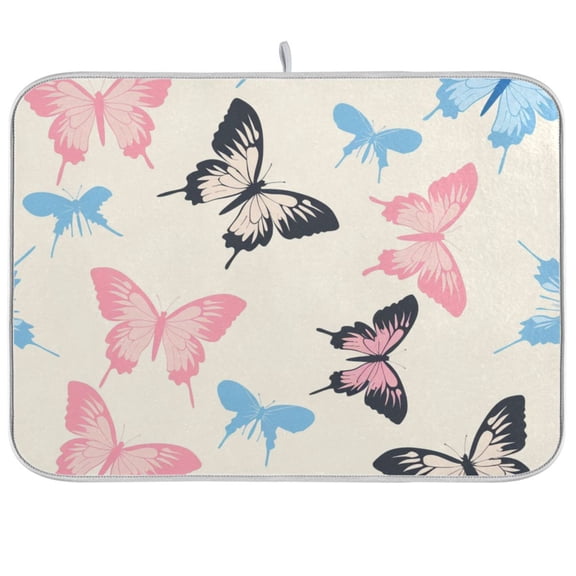 Pink Black Blue Butterflies Dish Drying Mat Dish Drainer Rack Mats Water Absorbent Non-Slip Easy Clean Heat Resistant for Kitchen Counter