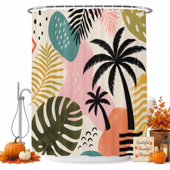Pink Black Boho Shower Curtain, Waterproof Shower Curtains for Bathroom, Monstera Leaf Palm Nordic Abstract Art Washable Fabric Bathtub Curtain Set Bath Decor with 12 Hooks 72"x78"