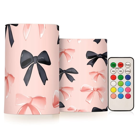 Pink Black Bows Flickering Flameless Candles Battery Operated with Remote Timer LED Pillar Candles Set of 2