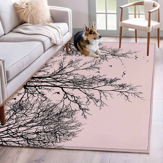 Pink Black Branches Area Rugs 3'x5', Washable Small Throw Rugs for Living Room Bedroom, Botanical Dead Tree Birds Indoor Outdoor Rug Non-Slip Low Pile Carpet Runner Reversible Floor Mats