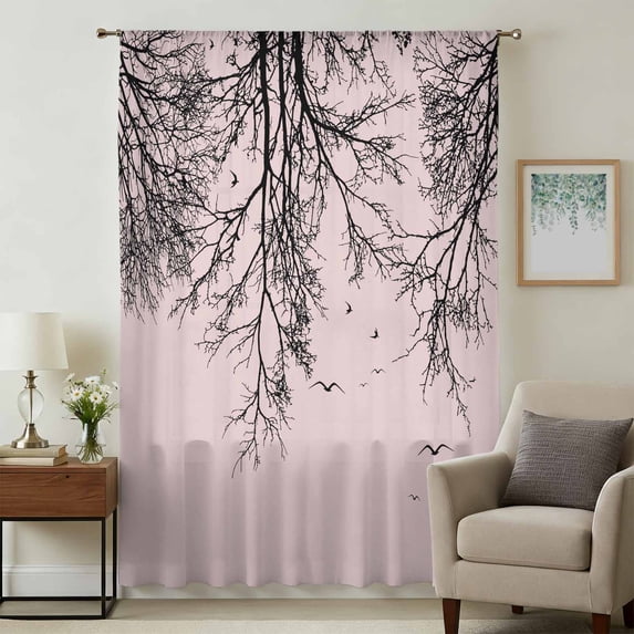 Pink Black Branches Sheer Curtains 84 Inches Long, Botanical Dead Tree Birds Light Filering Curtains, Breathable Simi Curtain Privacy Drapes for Living Room Bedroom Lightweight Window Treatment