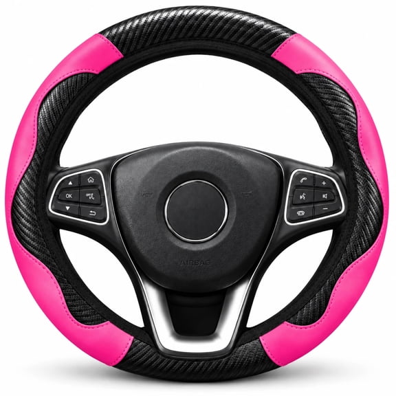 Pink Steering Wheel Cover, 14.5-15 Inch Universal Fit Carbon Fiber PU Leather Car Steering Wheel Cover, Elastic Anti-Slip Comfortable Grip for Cars SUVs Trucks, Pink & Black