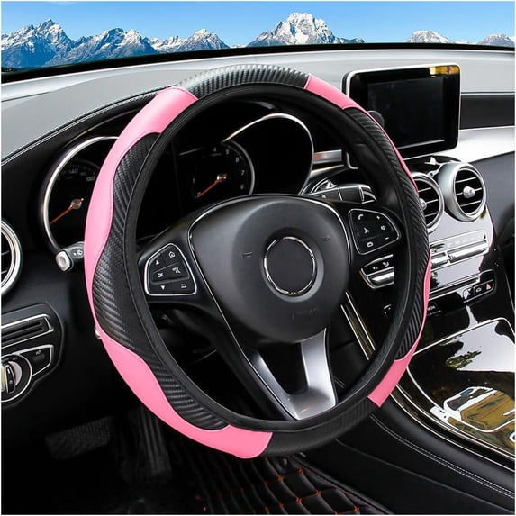 Pink Black Carbon Fiber PU Leather Steering Wheel Cover, 15 Inch, Elastic Anti-Slip Car Interior Accessory Pink