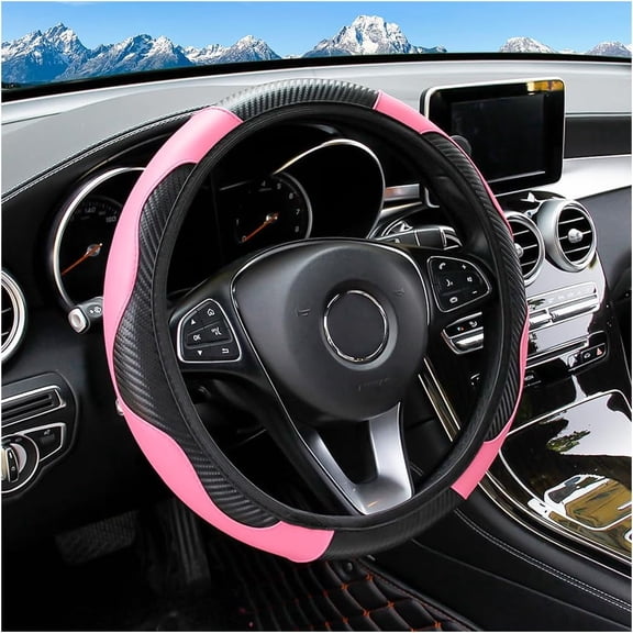 Pink Black Carbon Fiber PU Leather Steering Wheel Cover, 15 Inch, Elastic Anti-Slip Car Interior Accessory Pink
