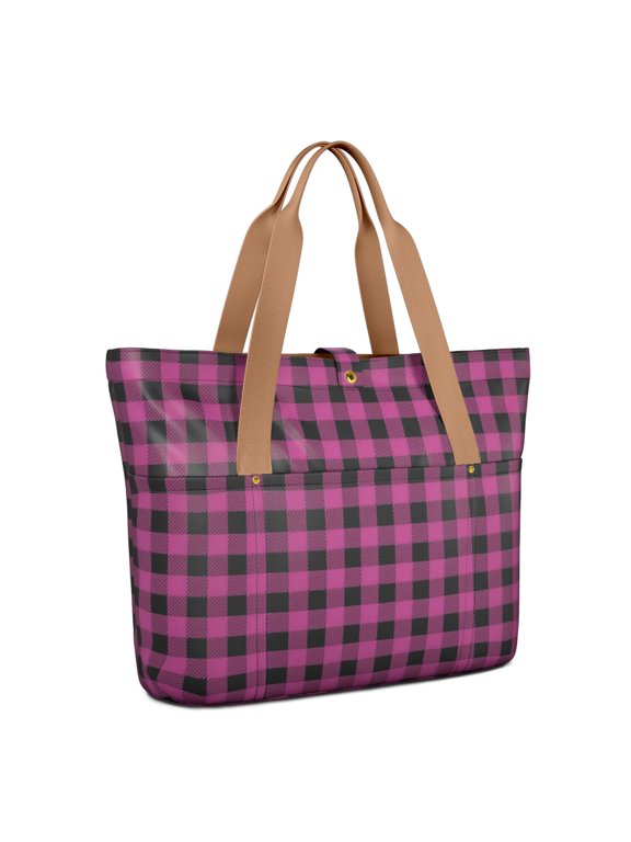 Pink and Black Checkered Pattern Large Tote Bag for Women, Polyester Roomy Carryall with Pockets and Zipper, Durable Gifts Ideas for Christmas Birthday