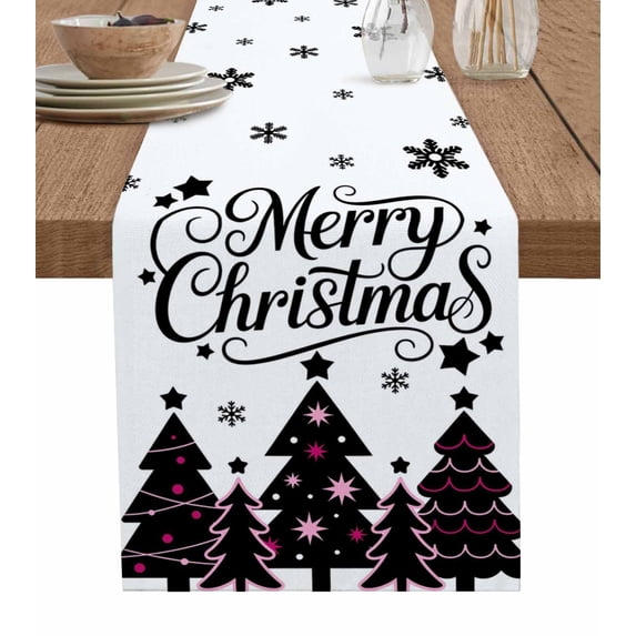 Pink Black Christmas Tree Table Runner 70 Inches, Xmas Snowflake Bed Runner Dresser Scarves Tabletop for Indoor Outdoor Parties/Ceremony/Banquet, 13" x 70"