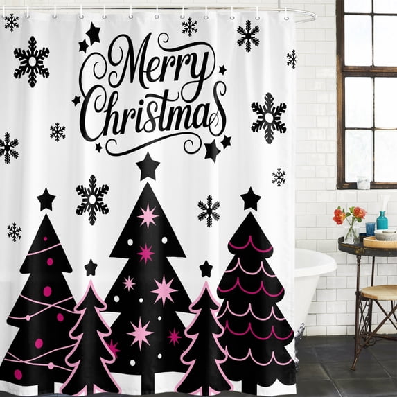 Pink Black Christmas Tree Waterproof Shower Curtain, Stall 36"x72" Washable Polyester Fabric Shower Curtains for Bathroom, Xmas Snowflake Decorative Bathtub Curtain Sets with Hooks
