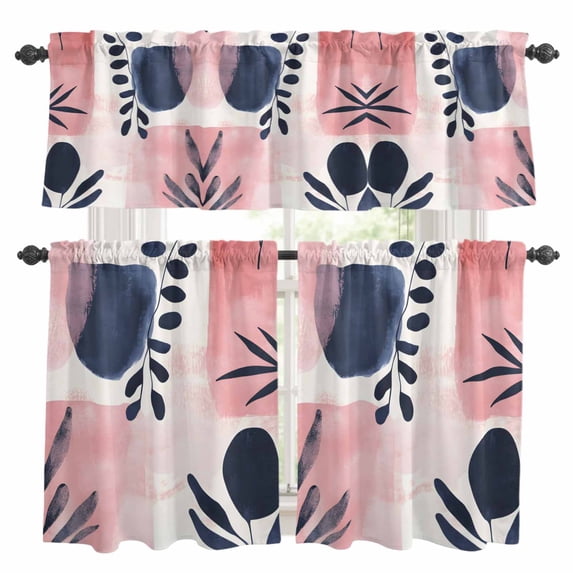 Pink Black Color Block Kitchen Curtains Valances and Tiers Set of 3 Nordic Leaf Abstract Tier Curtains and Valance with Rod Pocket for Small Windows, 27.5"x24"