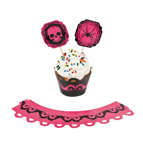 Pink & Black Cupcake Collar W/Pick - Party Supplies - 100 Pieces