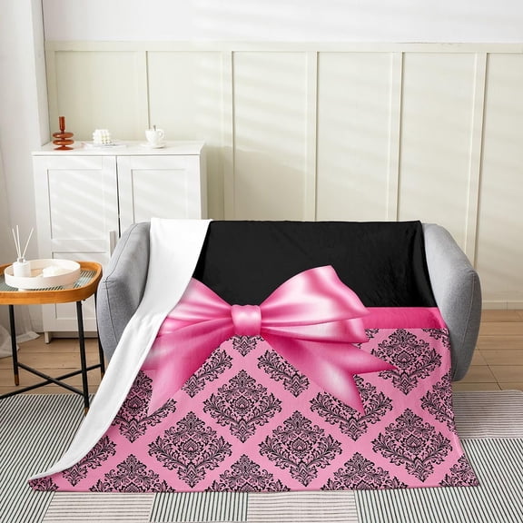 Pink Black Damask Bow Tie Throw Blanket For Elegant Decor