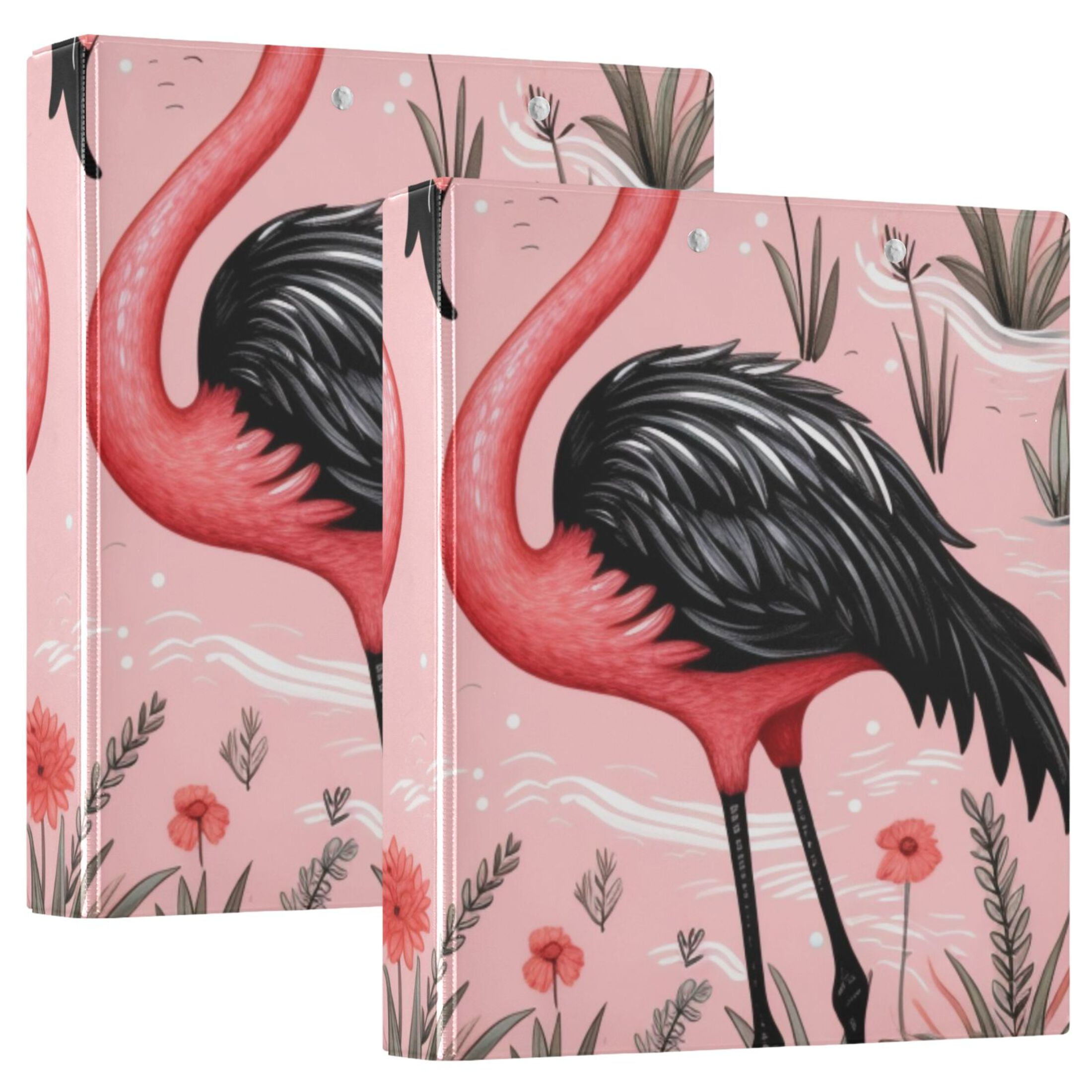 Pink Black Flamingos 3 Ring Binders 1.5 inch Hardcover File Folders with Interior Pockets A4 Size Organizer for School Office Hospital Set of 2