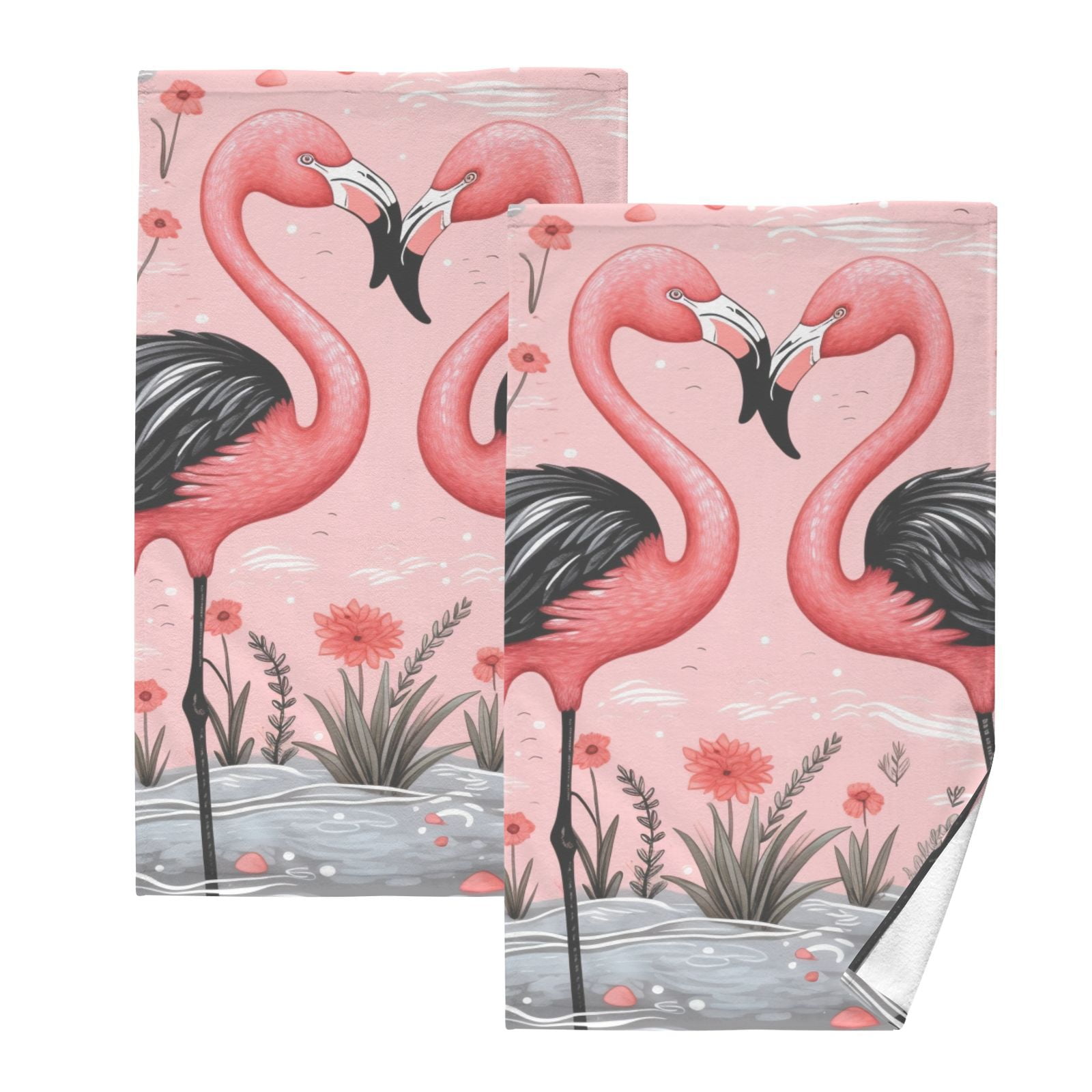 Pink Black Flamingos Hand Towels Cotton Bath Towels Large Face Towels Absorbent for Bathroom 2 Packs