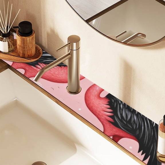 Pink Black Flamingos Sink Splash Guard Faucet 14.7x5.4in Drying Mat Drying Mat Absorbent Pad for Bathroom Kitchen 1PCS