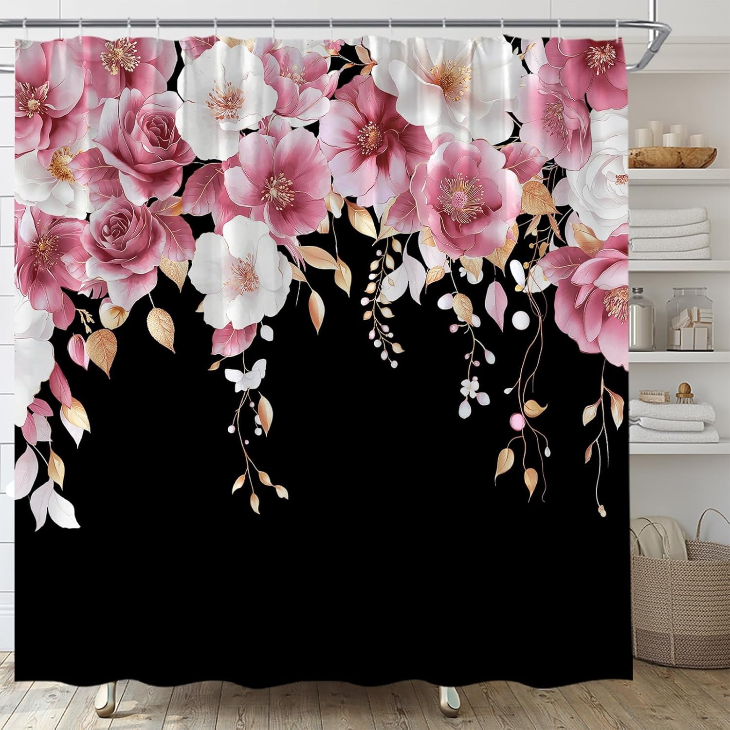 Pink and Black Floral Shower Curtain Pink Flower Watercolor Plant Rose Eucalyptus Leaf Spring Summer Botanical Fabric Bathroom Curtain Set with Hooks 72"W x 72"L (Pack of 1)