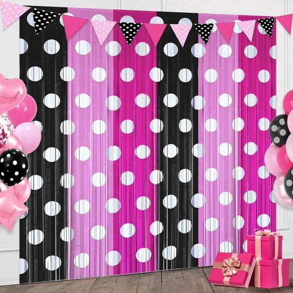 Pink Black Foil Fringe Curtains Birthday Decorations, 2 Pack 3.2x6.6ft Color Tinsel Streamers Backdrop Baby Shower Cartoon Birthday Party Decorations Supplies