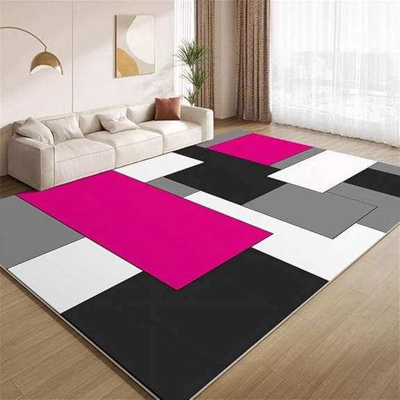 Pink And Black Geometry Area Rug, Modern Color Block Stitching Aesthetics Rug, Soft Non-Slip Carpet Easy To Clean For Girls Room Living Room Hotel Dorm Office Study 4 x 6ft