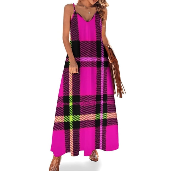 Pink Black Green Plaid Pattern Sleeveless Dress Women's Evening Dress Womans Clothing
