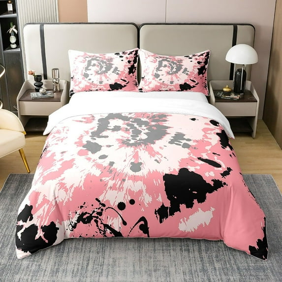 Pink Black Grey Bedding Set Full Size Kids Abstract Art Comforter Cover Set Modern Striped Art Duvet