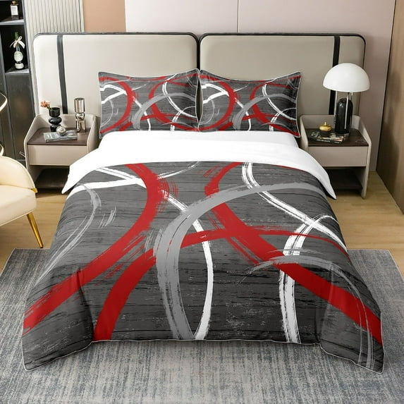 Pink Black Grey Bedding Set Full Size Kids Abstract Art Comforter Cover Set Modern Striped Art Duvet