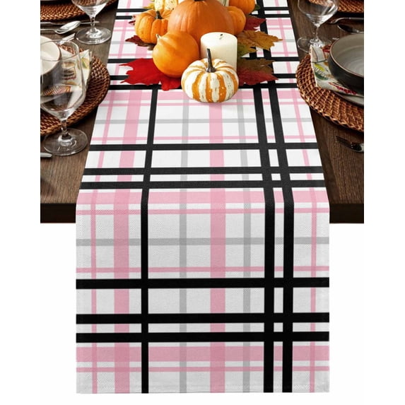 Pink Black Grey Plaid Table Runner-Cotton Linen- 70 Inch Holiday Dresser Scarves, Simple Check Stripes Lines Country Tablerunner for Kitchen Coffee/Dining Bedroom Living Room Dinner Scarf Décor 13x70