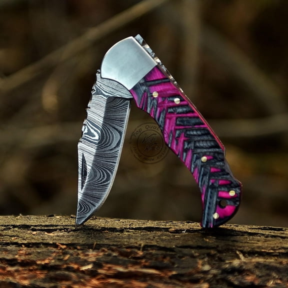 Pink & Black Grooved 6.75'' Handmade Damascus Steel Folding Pocket Knife with Back Lock for EDC, Camping, 100% Prime Quality, KKH-60$$Other