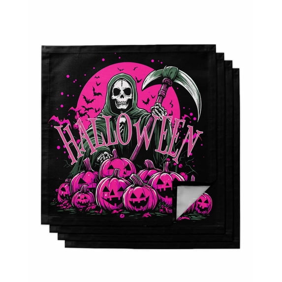 Pink Black Halloween Cloth Napkins Set of 4, Skull Pink Moon Pumpkins Washable Reusable Dinner Cocktail Napkin for Kitchen Party Wedding Banquet Holiday Baby Shower Table Decor