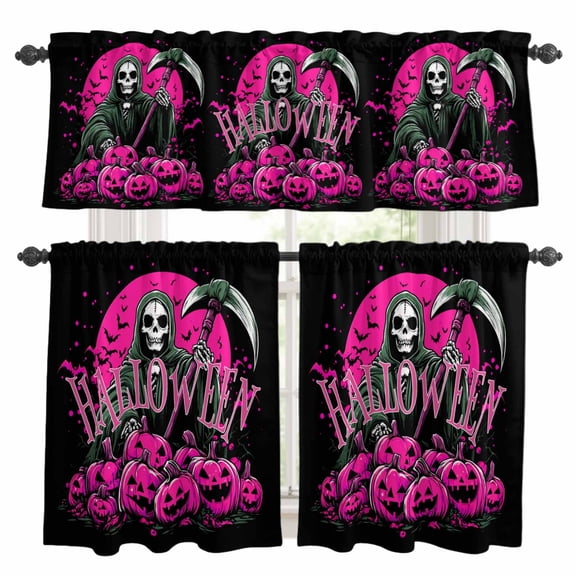 Pink Black Halloween Kitchen Curtains Sets for Windows 24 Inch Length, Skull Pink Moon Pumpkins Rod Pocket Window Treatments Tier Curtains and Valances Set for Bedroom/Bathroom
