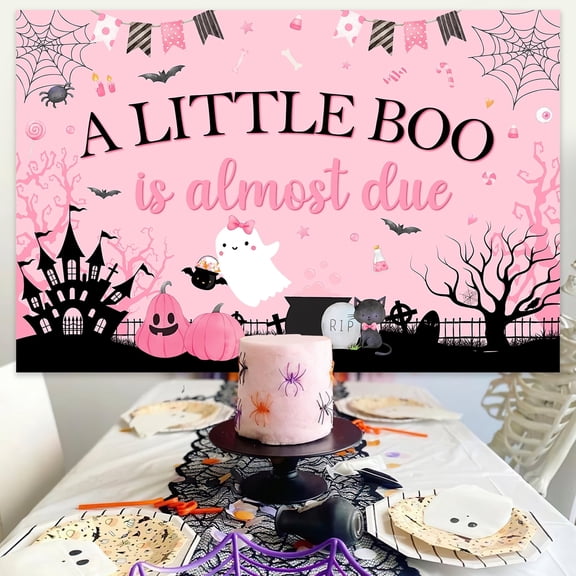 Pink and Black Halloween A Little Boo Is Almost Due Background Cloth for Party Decoration 150x100cm Polyester Cloth with Corner Grommets and 6m White Ribbon for Indoor Outdoor Celebration