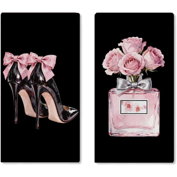 Pink Black High Heels Perfume Kitchen Dish Towels Set of 2, Coquette Bow Rose Flower Drying Hand Towel Baking Cooking Cloth, Preppy Bathroom Home Decoration Gifts for Girls Women 18'' x 26''